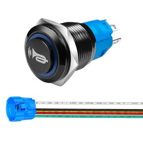 12 مم 12V-24V/5A مفتاح لحظة ما قبل الأسلاك ، زر الدفع السوداء البوق ، مفتاح معدني مقاوم للماء مع ضوء LED أزرق لقارب السيارة