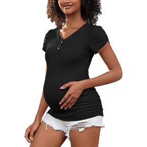 Maternity Shirts Tops V Neck Maternity Blouse Petal Short Sleeve Pregnancy Tshirt Tees