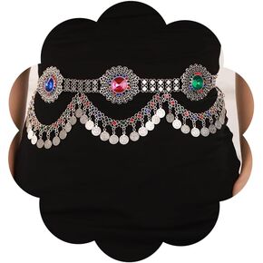 Jumwrit Layered Metal Flower Waist Chain Long Coin Pendant Tassel Belly Chain Colorful Rhinestone Vintage Silver Hollow Carving Chain Belt Chunky Beach Heavy Body Chain for Women
