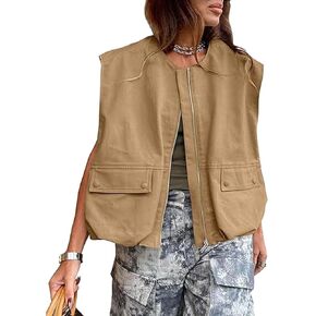 Women Cargo Vest Oversize Cropped Sleeveless Jacket Lightweight Ruffle Ruched Fashion Tops Summer Casual Zip Up Outfit in Saudi Arabia