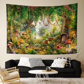 Fairytale Forest Tapestry ، خيال الفطر الساحر ، منزل شجرة غامضة ، فنون جدار ، لغرفة النوم ، غرفة المعيشة ، ديكور النوم 59 "W × 39" L (150x100 سم) ، معلق الجدار ، مع الملحقات
