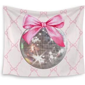 HUGANE Trendy Disco Ball Tapestry, Coquette Pink Bow Tapestry Wall Hanging, Preppy Girly Bow Mirror Ball Wall Blanket Backdrop Decor for Girls Room College Dorm, 50x60 Inch