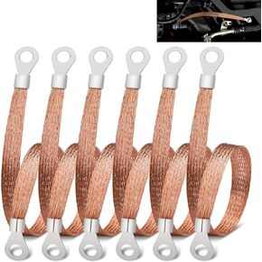 6 PCS Universal Automotive Braided Copper Ground Strap, 12 Inch Engine Ground Strap Kit with Terminal Plugs, Copper Braided Ground Strap Wire for Most Vehicle Cars Engine (Copper Braided)