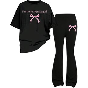 Verdusa Girl's 2 Piece Bowknot Outfits Short Sleeve Graphic Tees with Flare Pants Set