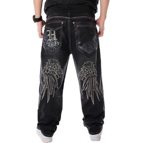 LUOBANIU Men's Hip-hop Embroidered Printed Baggy Jeans Loose Fit Dance Skateboard Denim Long Jeans
