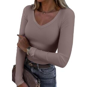 ATHMILE Womens Fall Deep V Neck Long Sleeve Shirts Modal Slim Fit Basic Tee Tops 2025