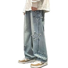 Y2K Star Jeans Men Graphic Baggy Jeans Emo Star Pants Grunge Patchwork