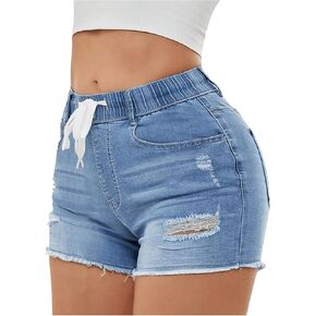SOLY HUX Women's Distressed Jeans Shorts Elastic Drawstring Waist Ripped Skinny Casual Denim Shorts