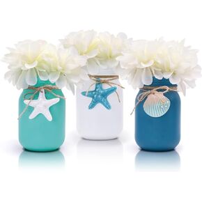 Beach Mason Jar Decor Coastal Table Centerpiece with White Flowers Floral Arrangement Blue Shell Starfishes Slices for Summer Sea Farmhouse Tiered Tray Wedding Décor Vases Home Hostess Gift Idea 3pcs