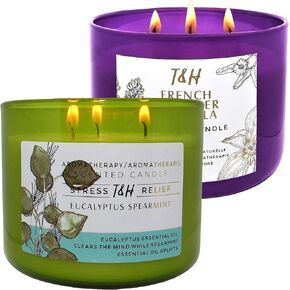 T&H Aromatherapy Soy Candles for Women & Men, Eucalyptus Spearmint & Lavender Vanilla, 3 Wick, 15.8 Oz Each, Set of 2