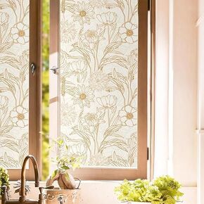 Boho Golden Yellow Vintage Flowers Window Films Decorative Double-Side Privacy Film Self-Adhesive Static Glass Window Clings for Living Room Bathroom Glass Windows Decor