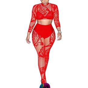CALEBGAR Sexy 2 Piece Outfits for Women Sheer Mesh Long Sleeve Crop Tops Fishnet Tights Lingerie Sets Birthday Club Outfits