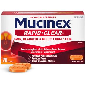 Mucinex Rapid Clear Maximum Strength Cold Medicine & Expectorant, Fever, Pain, Headache, & Excess Mucus Relief with Acetaminophen & Guaifenesin, Rapid Release Caplets for Adults, 20 Count