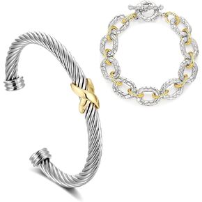 2 PCS Cuff Bracelets for Women Wire Cable Bracelet - اثنين من سوار الإسورة الملتوية قابلة للتكديس - هدايا ذات دائرة ذهبية وسلسلة فضية.