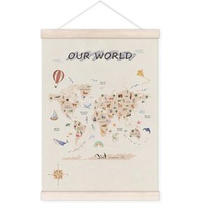 World Map Poster Hanger with Wood Frame, Animal World Map Wall Art Decor for Kids, Animals Educational Posters for Kids Toddler Nursery Room Bedroom Playroom Classroom Decor, 12x16 Inch