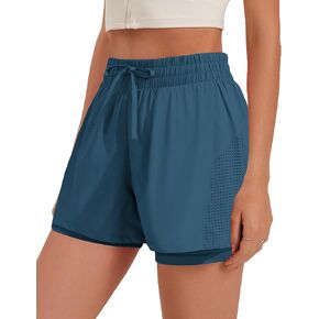 PINSPARK Womens Quick Dry Running Shorts Oversize Gym Athletic Workout Short with Pockets 2 in 1 Active Short Dark Blue XL