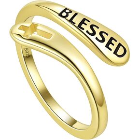 Jewmon 925 Sterling Silver Faith Cross Ring Adjustable I am Enough Inspirational Ring Engraved Bleassed Ring Encouragement Statement Ring for Women Chritian Jewelry Communion Baptism Chritian Gifts