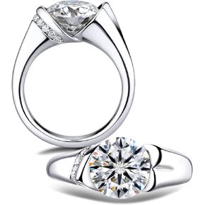 Tension Set 3 Carat Moissanite Solitaire Promise Ring for Women D-color VVS1 3.08 cttw Rhodium Plated Sterling Silver Half Bezel Cocktail Heart Engagement Anniversary Wedding Band