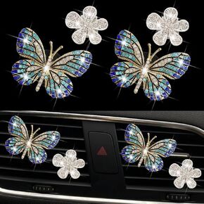Bling Butterfly Air Vent Clips, 4 Pcs Crystal Daisy Car Air Fresheners Vent Clips Car Diffuser Vent Clip Rhinestone Diamond Flower Car Decoration Car Interior Decor Bling Car Accessories for Women (Blue)