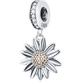 Daisy Flower Pendant Charms, Vintage 925 Sterling Silver Dangle Sunflower Beads with Clear CZ, fits Pandora Women Necklace Bracelet, Gifts for Grandma/Mother/Valentines Day