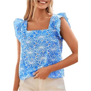 MakeMeChic Women's Floral Print Blouse Flutter Sleeve Ruffle Square Neck Summer Boho Shirt