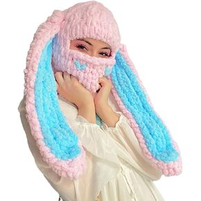 Cute Y2k Knit Balaclava Crochet Rabbit Face Mask Winter Warm Hats Slouchy Bunny Ear Skull Beanie for Women Men