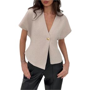Verdusa Women's Dolman Short Sleeve Blazer V Neck Button Front Work Business Jackets