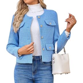 Women's Tweed Jacket Cropped Blazers Spring Summer Round Neck Business Work Office Plaid Jacket