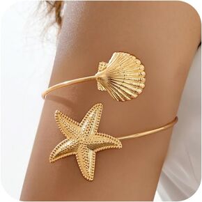 Gold Starfish Arm Cuff for Women Starfish Seashell Baroque Pearl Arm Cuff Upper Arm Trendy Gold Scallops Sea Star Bangle Armband Summer Beach Armlet Jewelry Accessories