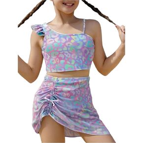 MakeMeChic Girl's Three Piece Leopard Print Asymmetrical Neck Ruffle Bikini Set with Drawstring Cover Up Skirt