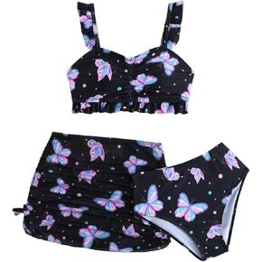 SweatyRocks Girl's Frusticle Butterfly طباعة ملابس السباحة 3 قطعة بدلة السباحة مع تنورة الشاطئ