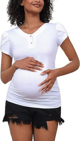 Maternity Shirts Tops V Neck Maternity Blouse Petal Short Sleeve Pregnancy Tshirt Tees in Saudi Arabia