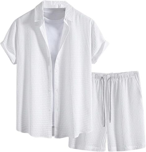 Verdusa Men's 2 Pieces Outfits Textured Short Sets Button Down Shirts with Shorts in Saudi Arabia