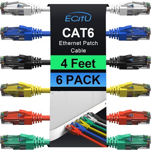 Cat6 Patch Cables 1 Feet (6 Pack), Cat 6 Ethernet Cable, 24AWG CCA Cord, UTP Network, Internet Cable, Compatible for PC, Laptop, Routers, Switches, Servers, Printers, RJ45 LAN with 25 Cable Ties - 1FT in Saudi Arabia