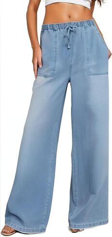 Women's Drawstring Wide Leg Jeans High Waisted Loose Fit Denim Pants Polyester in Saudi Arabia