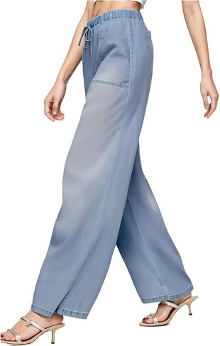 Women's Drawstring Wide Leg Jeans High Waisted Loose Fit Denim Pants Polyester in Saudi Arabia