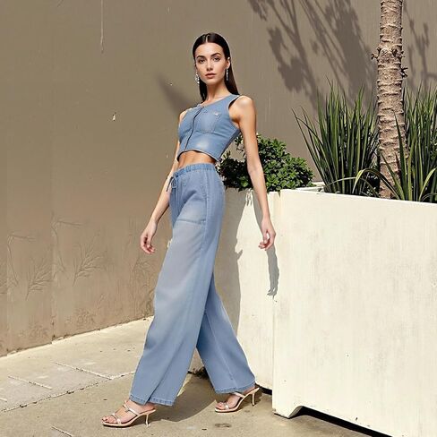 Women's Drawstring Wide Leg Jeans High Waisted Loose Fit Denim Pants Polyester in Saudi Arabia