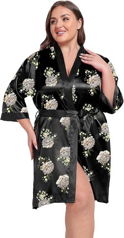 Women's Plus Size Satin Kimono Robes Short Silky Bathrobe Wedding Getting Ready Sleepwear Loungewear in Kuwait