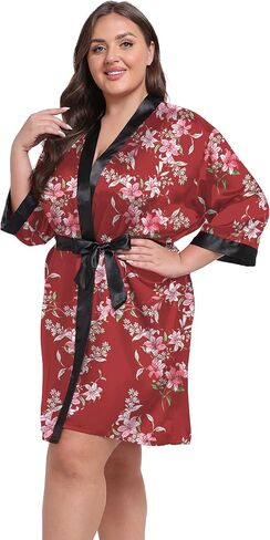 Women's Plus Size Satin Kimono Robes Short Silky Bathrobe Wedding Getting Ready Sleepwear Loungewear in Kuwait