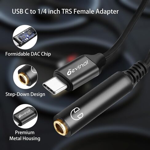 ديفينال كيبل صوت 1/4 انش الى USB C، كيبل صوت تي ار اس انثى 1/4 انش الى USB-C، محول سلك ستيريو 6.35 ملم الى USB نوع سي، مطلي بالذهب بطول 1 قدم in Kuwait