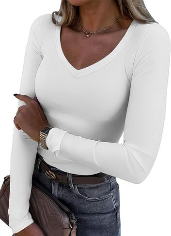 ATHMILE Womens Fall Deep V Neck Long Sleeve Shirts Modal Slim Fit Basic Tee Tops 2025 in Saudi Arabia