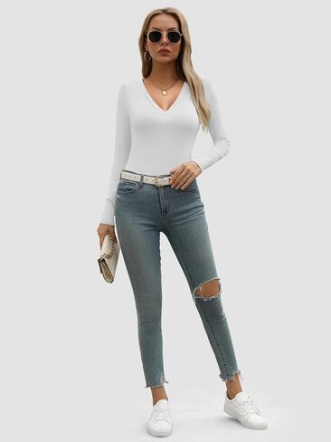 ATHMILE Womens Fall Deep V Neck Long Sleeve Shirts Modal Slim Fit Basic Tee Tops 2025 in Saudi Arabia