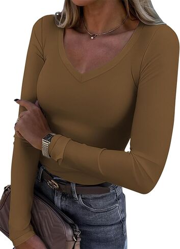 ATHMILE Womens Fall Deep V Neck Long Sleeve Shirts Modal Slim Fit Basic Tee Tops 2025 in Saudi Arabia