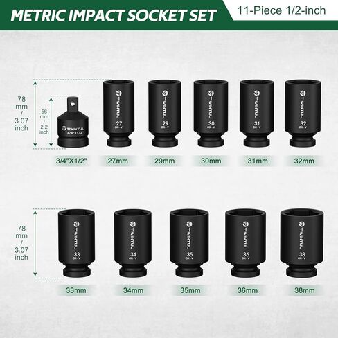 1/2" Wheel Protector Impact Socket Set, 5Pcs Non-Marring Lug Nut Socket Set, CR-MO Steel, 6-Point Thin Wall Deep Socket Set, Color-Coded Protective Sleeves- Metric 17 19 21 mm, SAE 13/16 7/8" in Kuwait