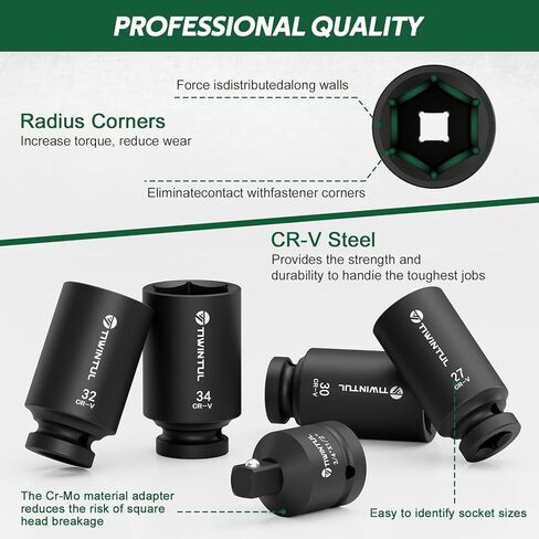 1/2" Wheel Protector Impact Socket Set, 5Pcs Non-Marring Lug Nut Socket Set, CR-MO Steel, 6-Point Thin Wall Deep Socket Set, Color-Coded Protective Sleeves- Metric 17 19 21 mm, SAE 13/16 7/8" in Kuwait
