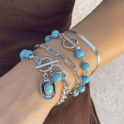 Bohemian Retro Western Cowgirl Turquoise Beaded Beaded Cackelets Fricquoise Bull Head Cow Cake Cactus Feather Pendant Pendant for Women Holiding Jewelry in Saudi Arabia