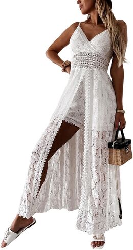 Womens Sleeveless Hollow Out Floral Party Split Romper Maxi Dress Lace Playsuit Sundress in Kuwait
