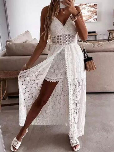 Womens Sleeveless Hollow Out Floral Party Split Romper Maxi Dress Lace Playsuit Sundress in Kuwait