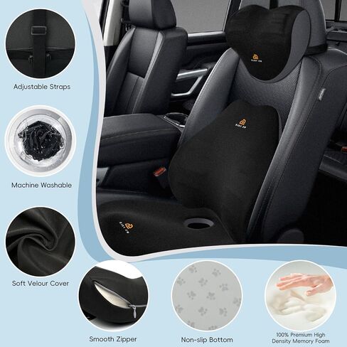 NS YOLO Ergonomic Car Seat Cushion with Comfort Memory Foam Neck Pillow, Car Pillow,Lumbar Support and Big Size Soft Seat Cushion for Driving Seat,Office Chair and Wheel Chair (Black and Grey-3 pcs) in Kuwait