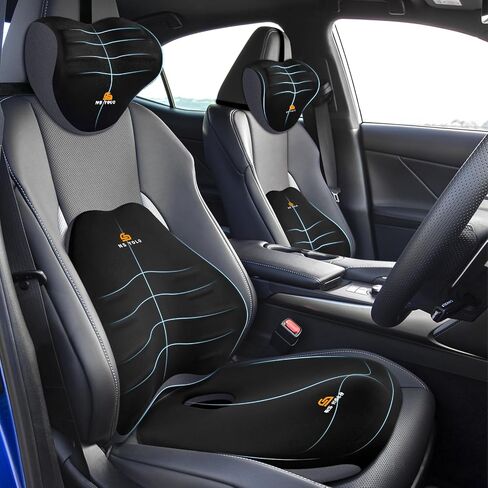 NS YOLO Ergonomic Car Seat Cushion with Comfort Memory Foam Neck Pillow, Car Pillow,Lumbar Support and Big Size Soft Seat Cushion for Driving Seat,Office Chair and Wheel Chair (Black and Grey-3 pcs) in Kuwait
